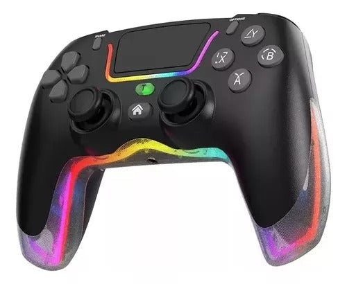 Control joystick inalámbrico RGB con Bluetooth, vibración dual, giroscopio 6 ejes, panel táctil, audio 3.5 mm, modo Turbo y compatibilidad con PC, Android, iOS, PS4 y Nintendo Switch.