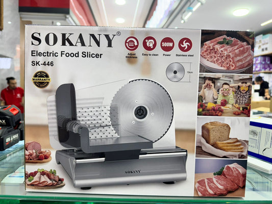 Cortadora eléctrica de alimentos 500 W con cuchilla de acero inoxidable de 19 cm, grosor ajustable y base antideslizante para carnes, quesos, pan y vegetales.