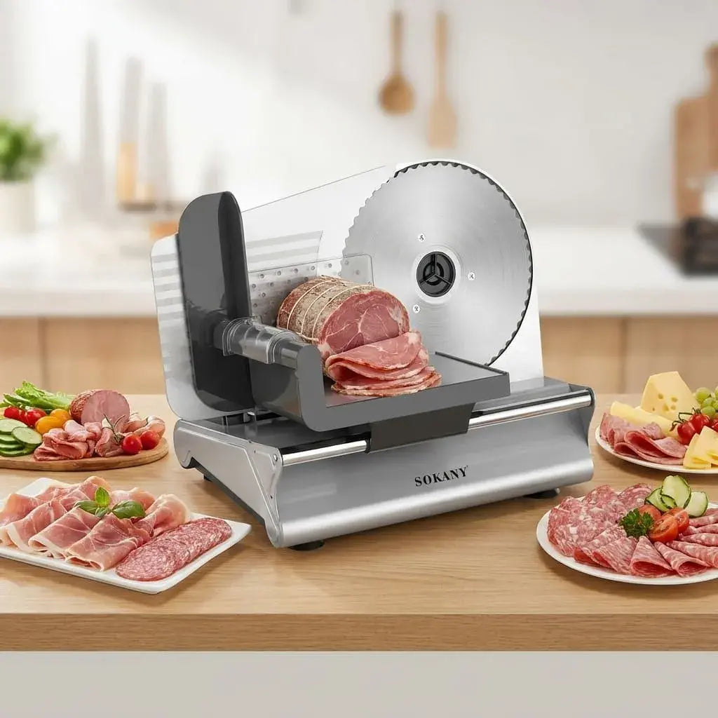 Cortadora eléctrica de alimentos 500 W con cuchilla de acero inoxidable de 19 cm, grosor ajustable y base antideslizante para carnes, quesos, pan y vegetales.