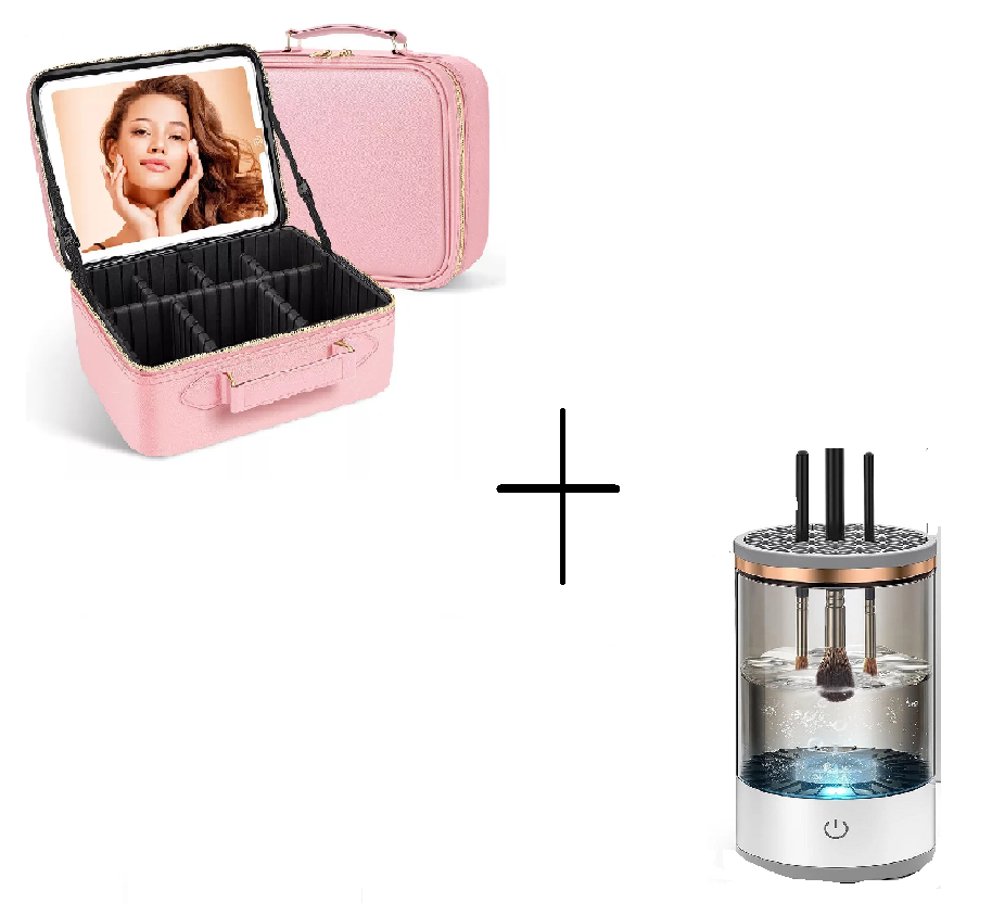 Cosmetiquera Inteligente con Espejo LED y Limpiador Eléctrico de Brochas. Organizador portátil de maquillaje con luz ajustable, gran capacidad y diseño profesional.