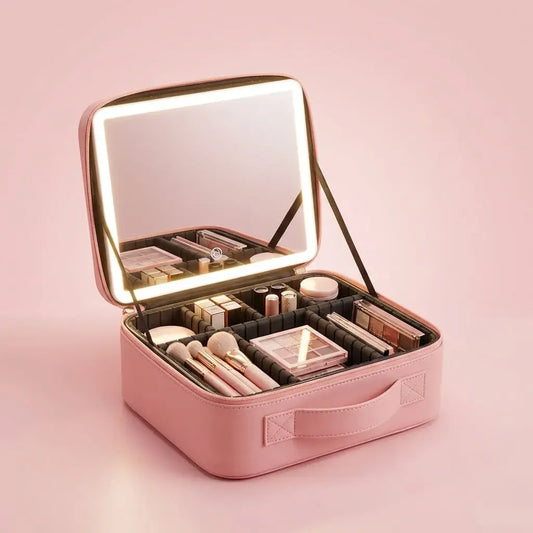 Cosmetiquera organizadora con espejo LED y divisiones ajustables. Ideal para maquillaje en casa o viajes. Compacta, práctica y funcional.