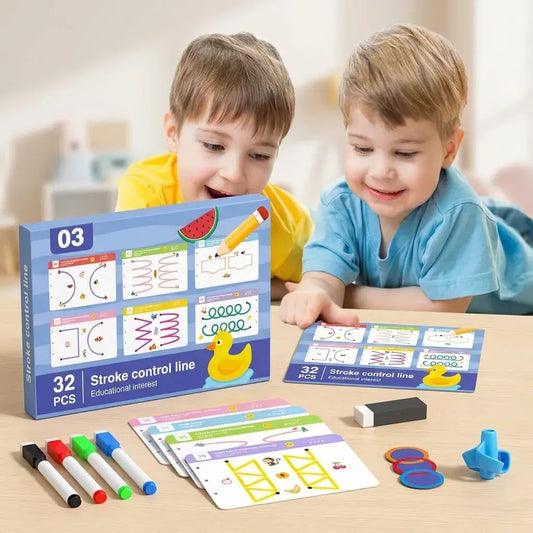 Cuaderno de ejercicios reutilizable para niños con actividades de caligrafía, control de lápiz y aprendizaje preescolar. Incluye marcadores borrables y accesorios educativos.