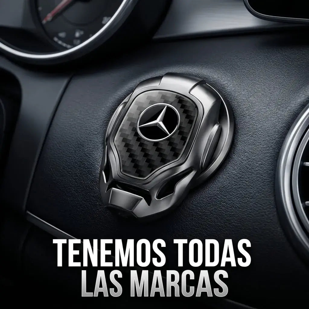 Cubierta decorativa para botón Start Stop estilo Iron Man, con acabado tipo fibra de carbono, adhesivo de fácil instalación y diseño moderno para carro.