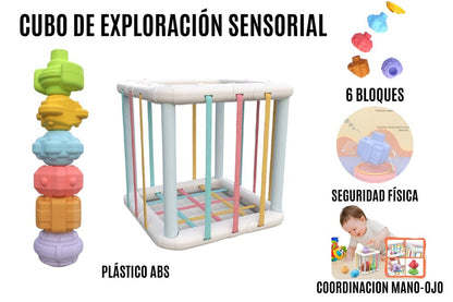 Cubo sensorial de actividades para bebé con clasificador de formas y bloques. Juguete educativo que estimula motricidad, coordinación y aprendizaje temprano de colores y figuras.