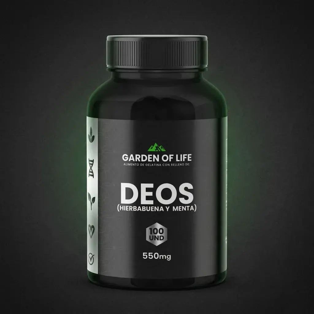 DEOS Hierbabuena y Menta 550 mg en softgels, frasco oscuro de 360 cc con termosellado de seguridad. Suplemento dietario para aliento fresco y bienestar digestivo.