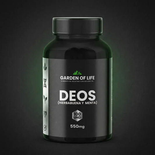 DEOS Hierbabuena y Menta 550 mg en softgels, frasco oscuro de 360 cc con termosellado de seguridad. Suplemento dietario para aliento fresco y bienestar digestivo.