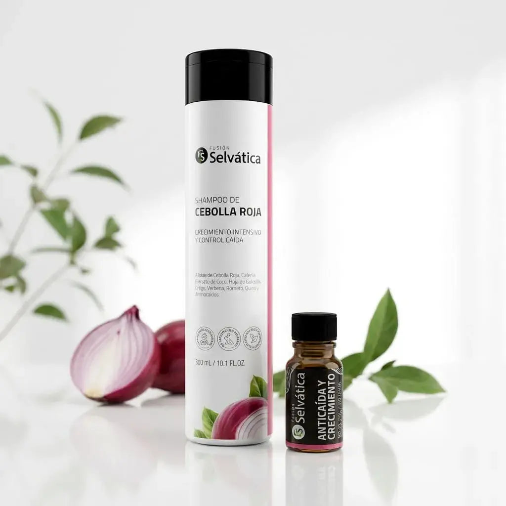 Dúo anticaída capilar con shampoo de cebolla y ampolleta que ayuda a fortalecer el cabello, mejorar su apariencia y cuidar el cuero cabelludo de forma natural.