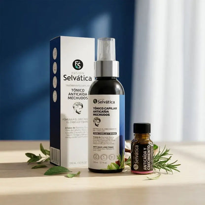 Dúo capilar anticaída para hombres con tónico y ampolleta que ayuda a fortalecer el cabello, mejorar la apariencia de densidad y cuidar el cuero cabelludo con uso constante.