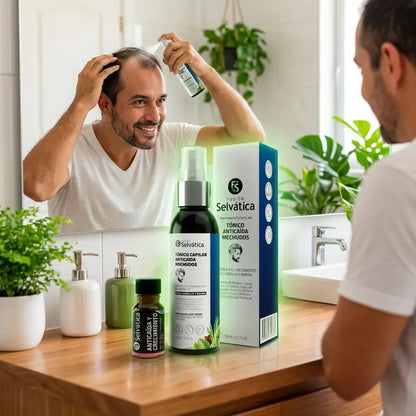 Dúo capilar anticaída para hombres con tónico y ampolleta que ayuda a fortalecer el cabello, mejorar la apariencia de densidad y cuidar el cuero cabelludo con uso constante.
