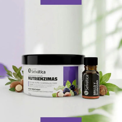 Dúo capilar antifrizz con tratamiento y ampolleta que hidrata, controla el encrespamiento y deja el cabello suave, brillante y manejable de forma natural.