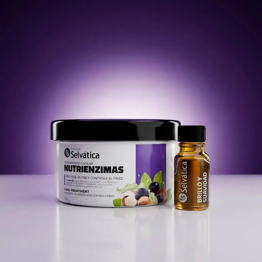 Dúo capilar antifrizz con tratamiento y ampolleta que hidrata, controla el encrespamiento y deja el cabello suave, brillante y manejable de forma natural.