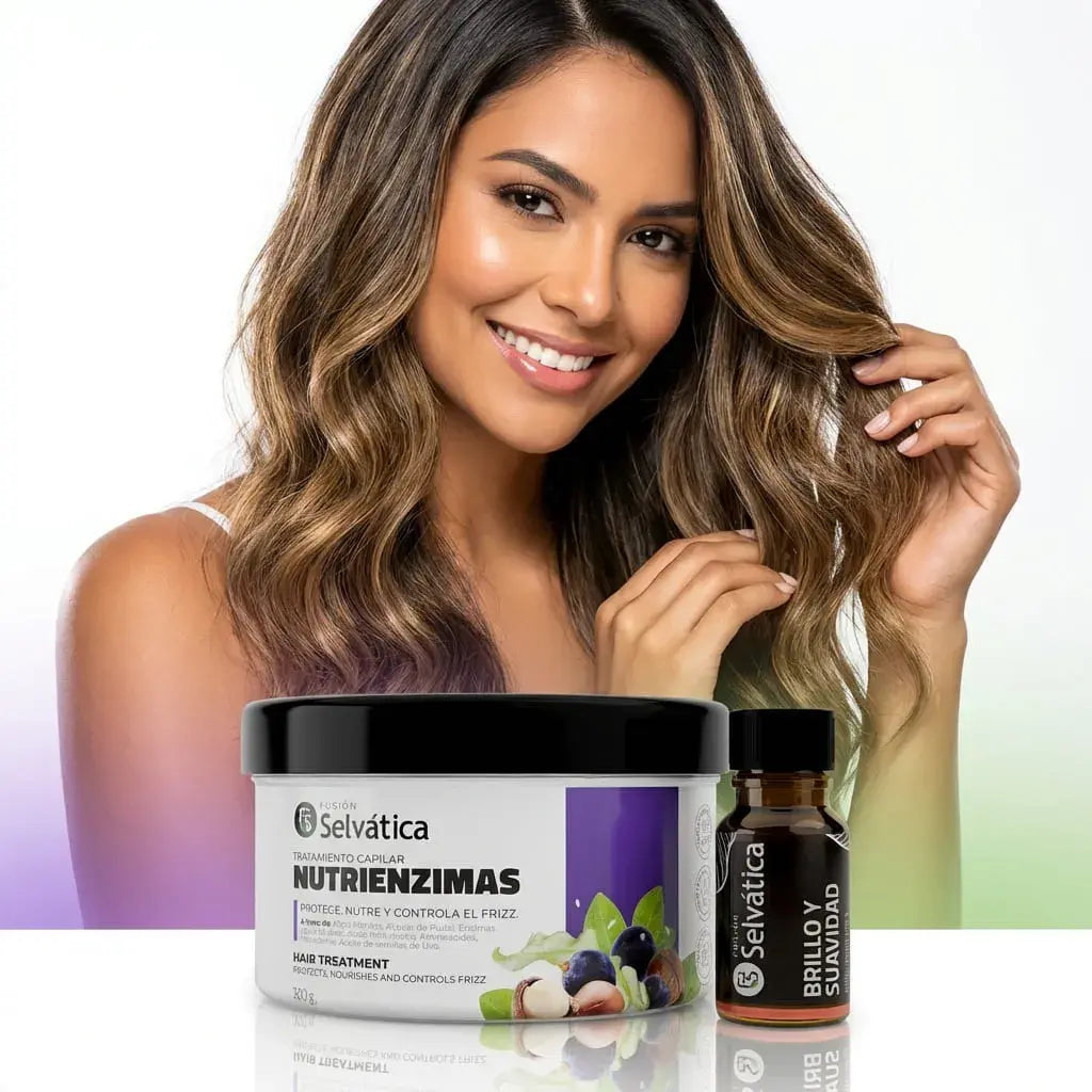 Dúo capilar antifrizz con tratamiento y ampolleta que hidrata, controla el encrespamiento y deja el cabello suave, brillante y manejable de forma natural.
