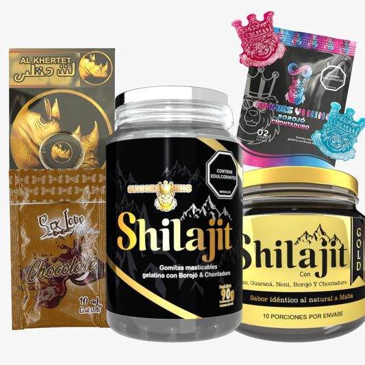 Dúo Shilajit Gold 125 mL y Shilajit en Gomas con registro INVIMA, sachet saborizado, Gummies Vi King y Crema Rhino. Combo para adultos enfocado en vitalidad, bienestar y cuidado diario.