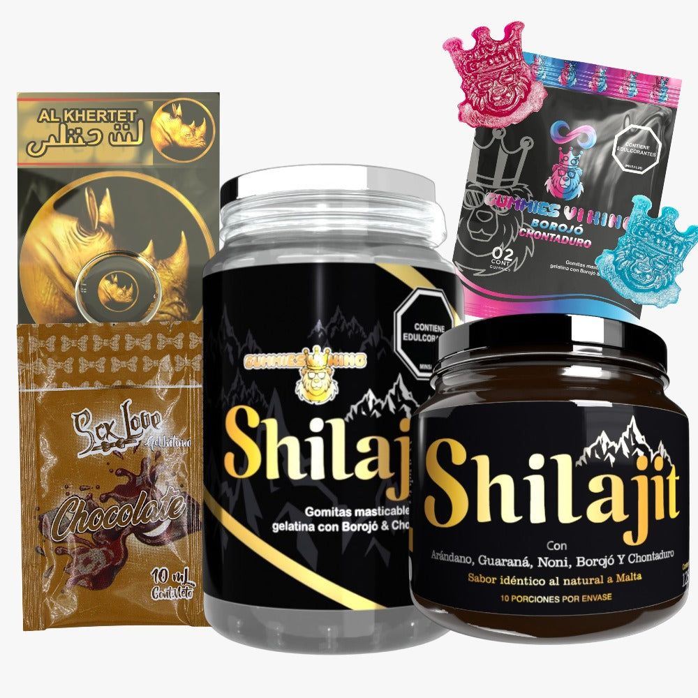 Dúo Shilajit Original y Gomas Himalayan Organics con bálsamo 125 mL, gomas 30 unidades, sachet, Gummies Vi King y Rhino Crema. Combo para adultos enfocado en energía, vitalidad y bienestar.