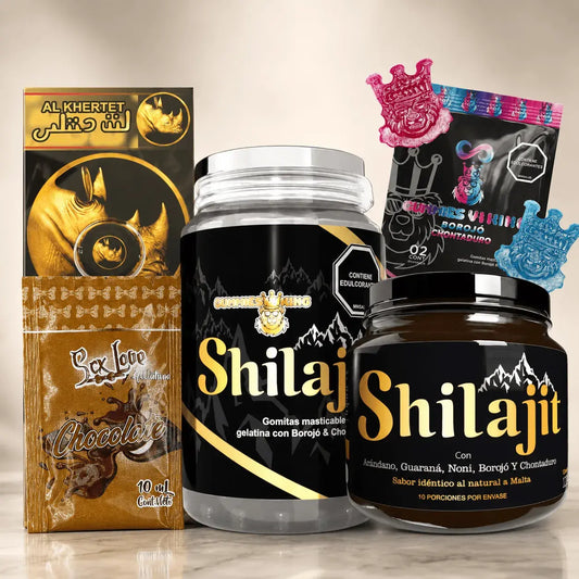 Dúo con Shilajit en resina de 125 ml, Shilajit en gomitas y complementos surtidos para acompañar rutinas de vitalidad y bienestar general.