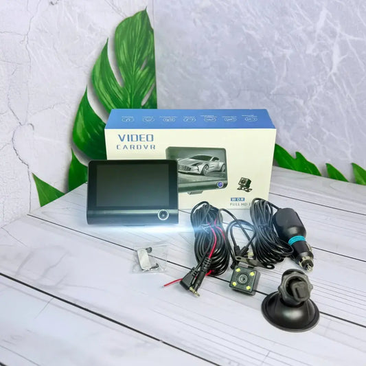 Cámara DVR para carro con 3 lentes, Full HD 1080P, pantalla IPS de 4 pulgadas, visión nocturna, G-Sensor y cámara de reversa incluida.