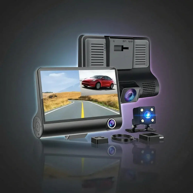 Cámara DVR para carro con 3 lentes, Full HD 1080P, pantalla IPS de 4 pulgadas, visión nocturna, G-Sensor y cámara de reversa incluida.
