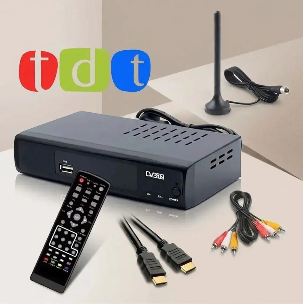 Decodificador TDT con antena, cable HDMI, control remoto, pilas y manual. Recibe canales nacionales disponibles sin mensualidades.