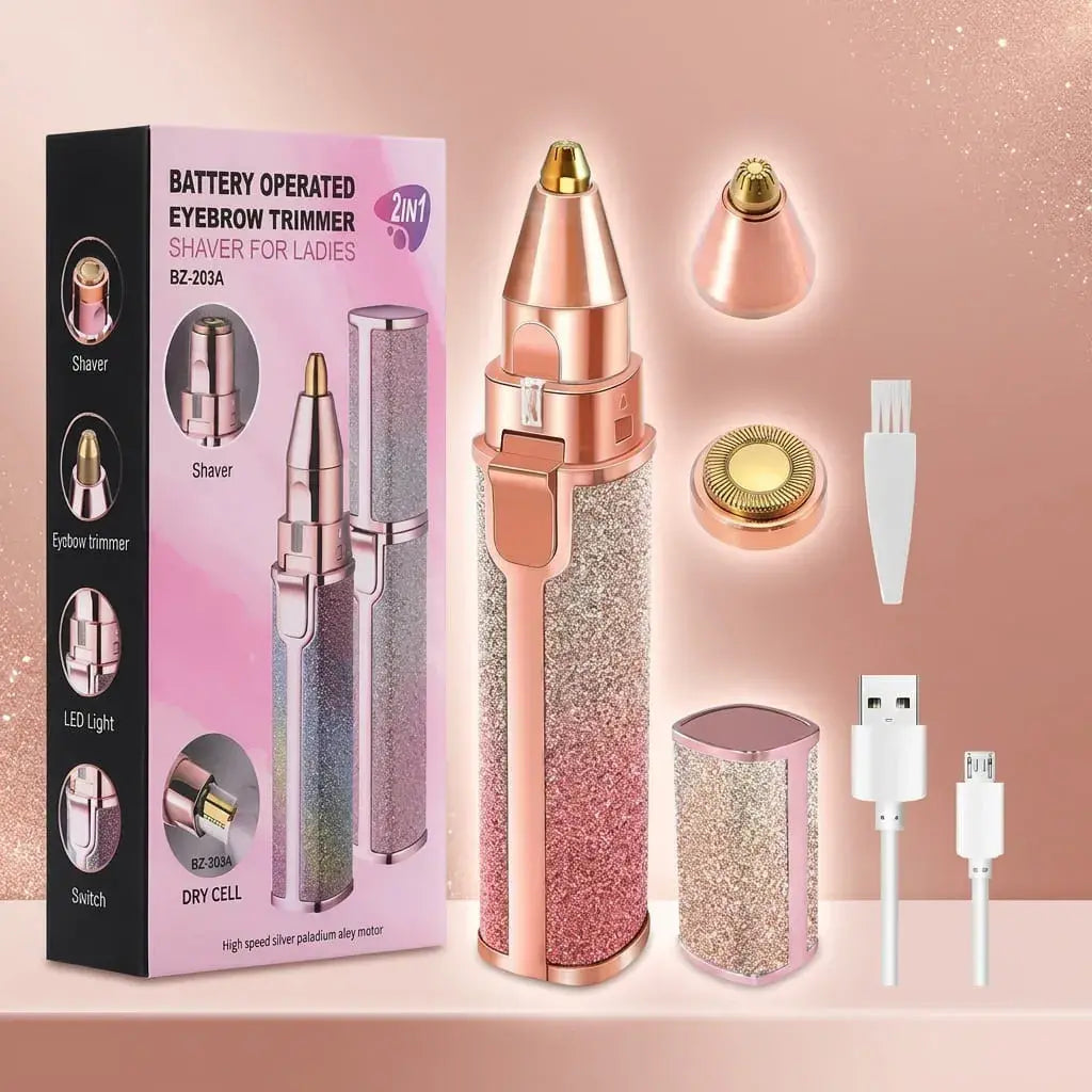 Depiladora Facial 2 en 1 GlamTouch Pro recargable USB con luz LED, dos cabezales intercambiables y diseño portátil para cejas, labio superior, mentón y rostro.