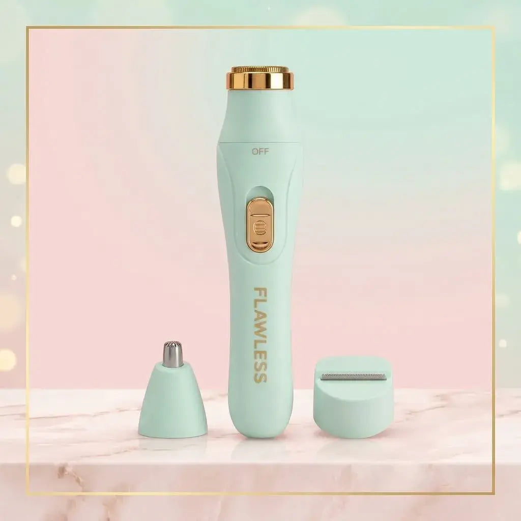 Depiladora eléctrica Flawless 3 en 1 con cabezales para rostro, nariz y orejas. Compacta, ligera, recargable por USB y fácil de transportar.