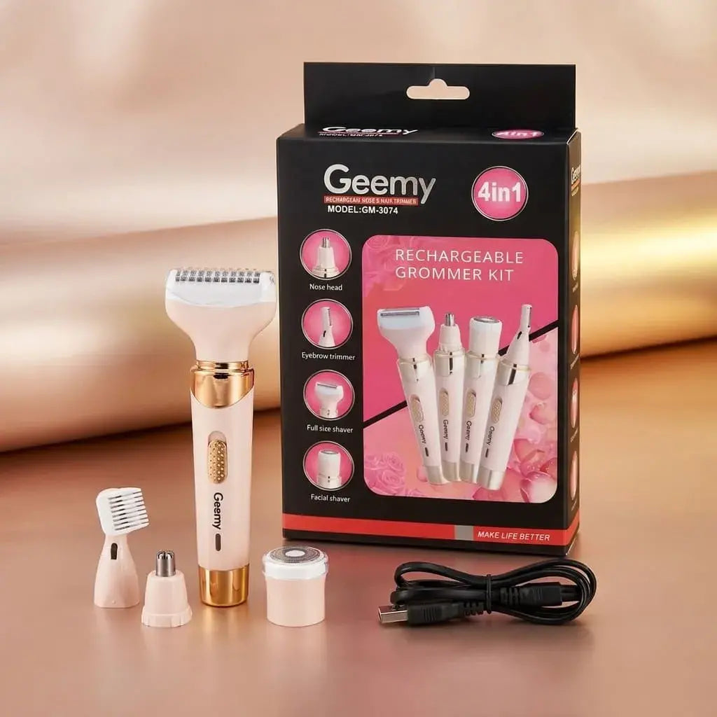 Depiladora Geemy GM-3074 4 en 1 recargable USB con cabezales para rostro, cejas, nariz y cuerpo. Compacta, portátil y práctica para el cuidado personal diario.