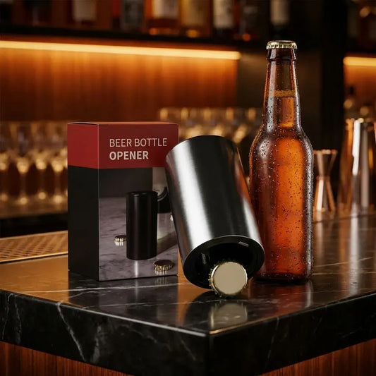 estapador automático para botellas de vidrio. Abre cerveza, gaseosas y refrescos fácilmente con una sola mano. Diseño práctico, resistente y moderno.