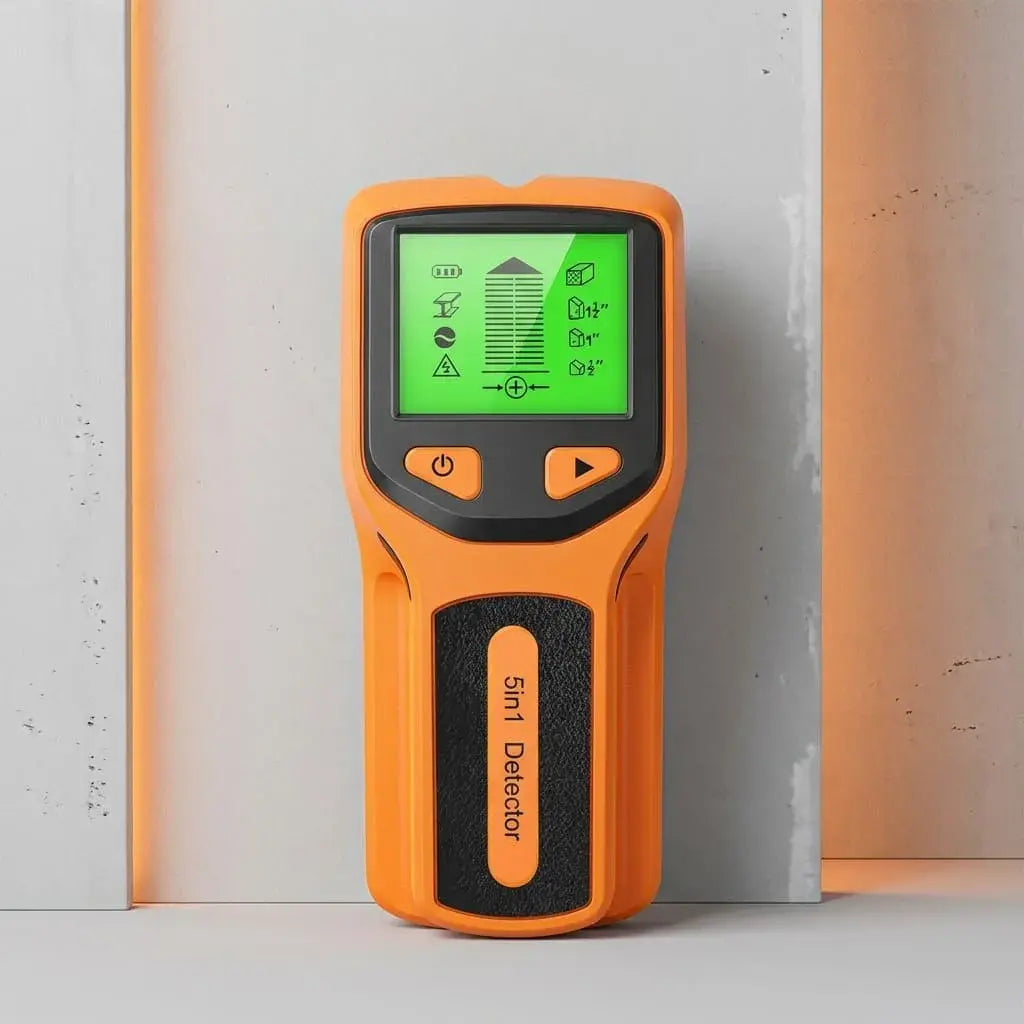 Detector de materiales para pared con pantalla LCD y 5 modos de detección. Identifica madera, cables, tuberías, cobre y objetos ocultos hasta 6 cm.