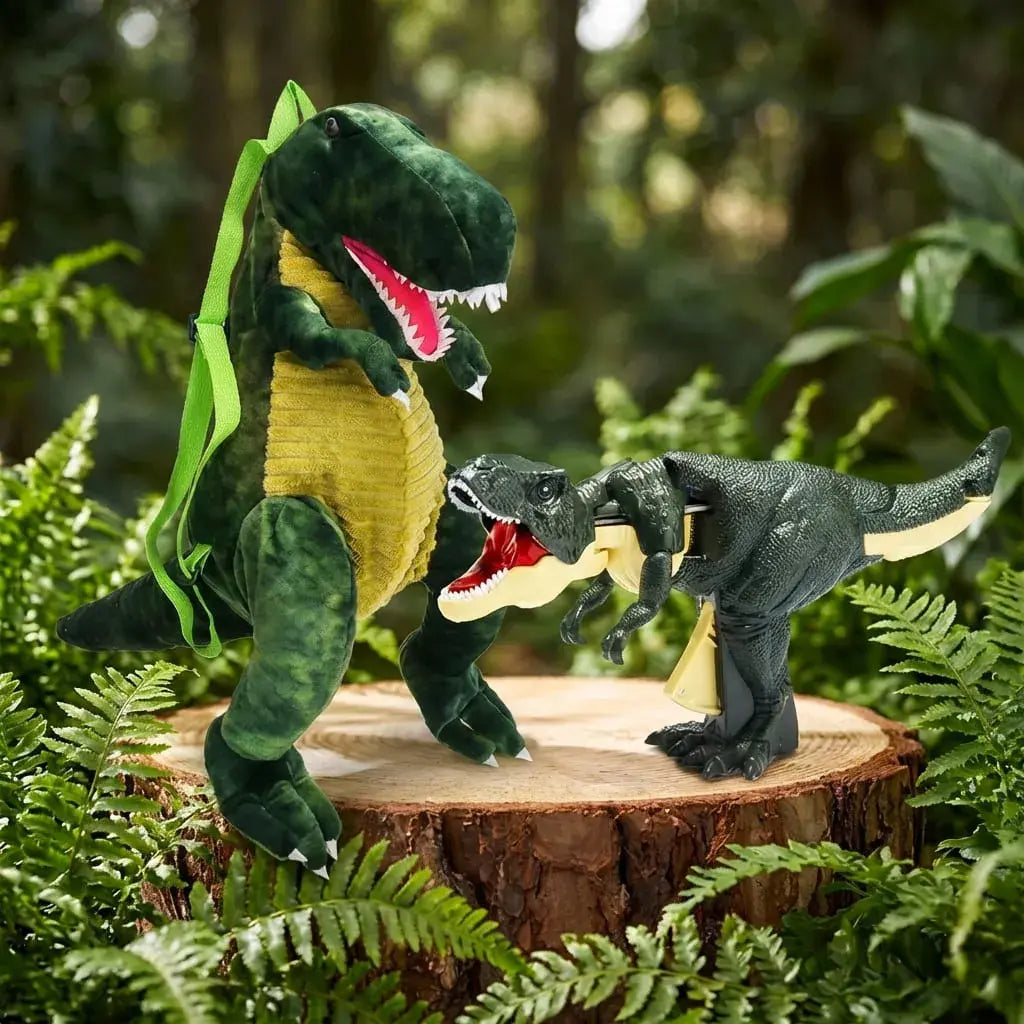 Dino combo infantil con juguete de dinosaurio y mochila de peluche, ideal para juegos y actividades diarias de los niños.
