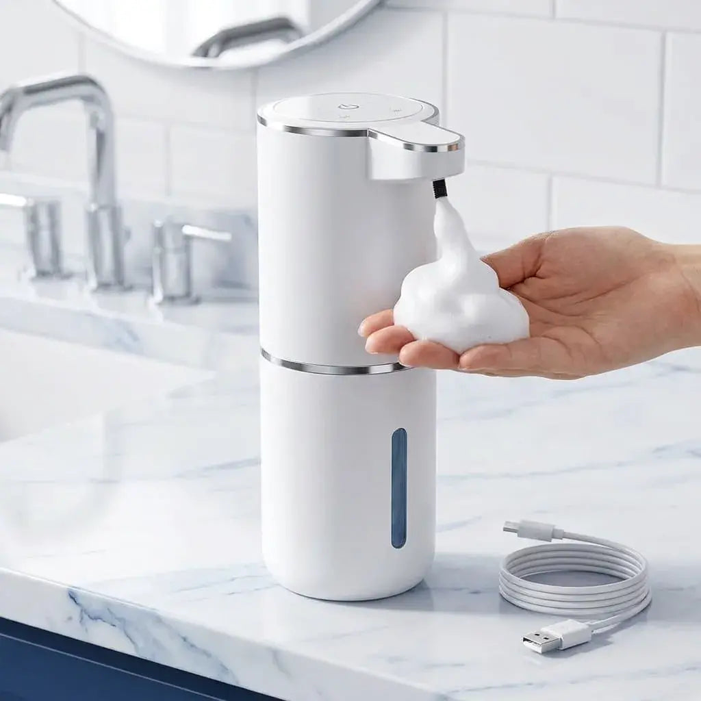 Dispensador automático de jabón 400 ml recargable en ABS, con sensor sin contacto, ajuste de niveles y diseño compacto para baño, cocina, oficina o negocio.