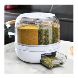 Dispensador giratorio de alimentos secos con 4 compartimentos, capacidad hasta 10.000 g, diseño redondo compacto y uso ideal para granos, cereales, arroz y legumbres.