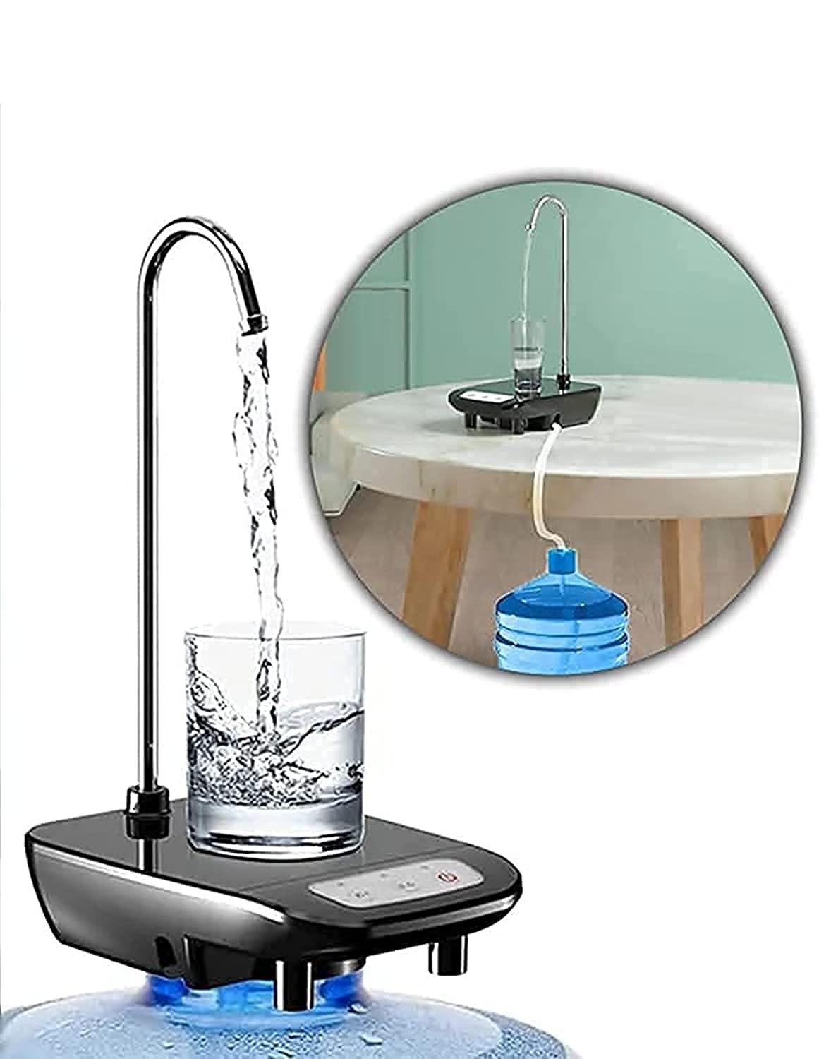 Dispensador de agua eléctrico recargable JR-758 con bandeja, tubo 360° y batería de larga duración. Ideal para botellones en casa u oficina.