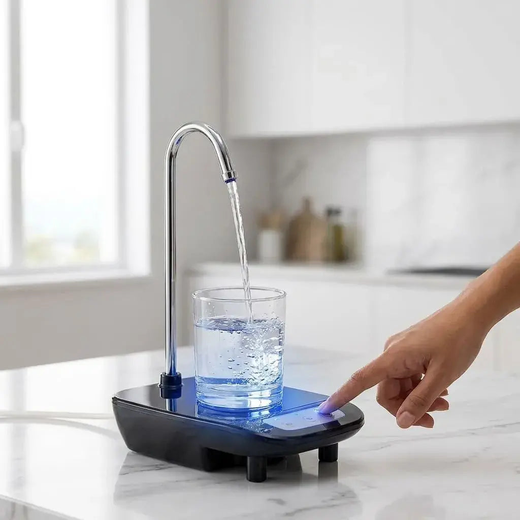 Dispensador de agua eléctrico recargable JR-758 con bandeja, tubo 360° y batería de larga duración. Ideal para botellones en casa u oficina.