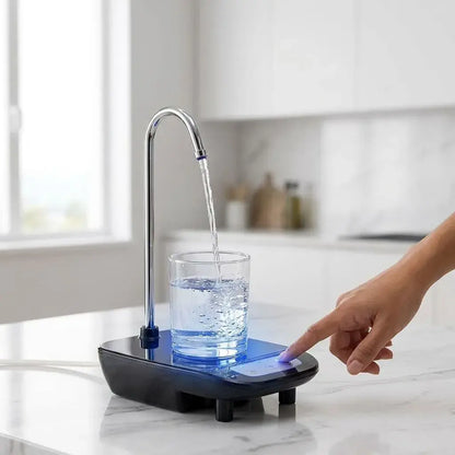 Dispensador de agua eléctrico recargable JR-758 con bandeja, tubo 360° y batería de larga duración. Ideal para botellones en casa u oficina.