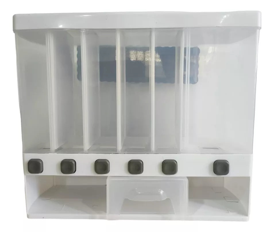 Dispensador de cereales y granos con 6 compartimientos, cuerpo transparente, botón dosificador y diseño montable en pared. Ideal para arroz, avena, frijoles, azúcar, café y alimentos secos.