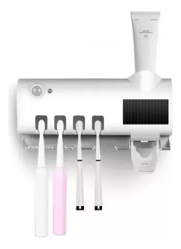 Dispensador de crema dental con porta cepillos UV recargable. Organiza el baño, facilita el uso de la pasta dental y cuenta con carga USB.