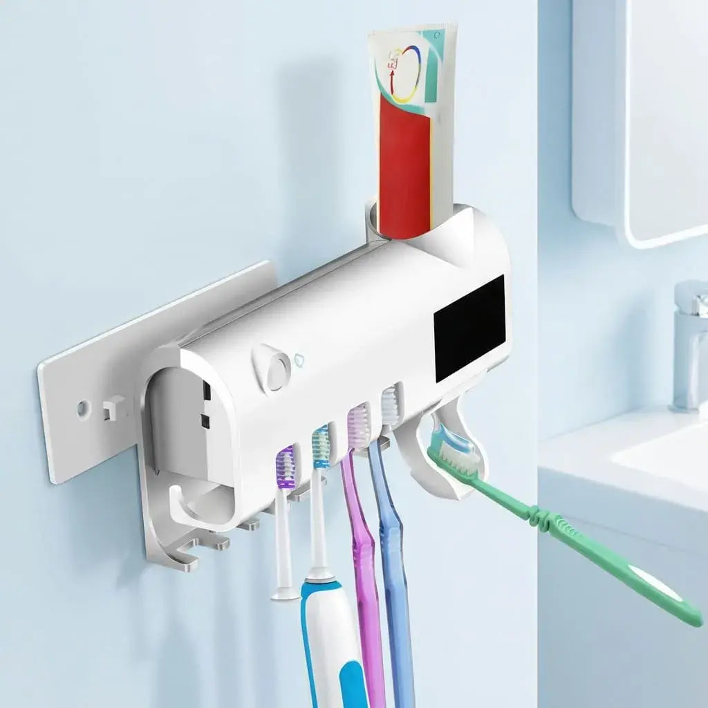Dispensador automático de crema dental con porta cepillos y luz UV recargable por USB. Organización, practicidad e higiene en tu baño.