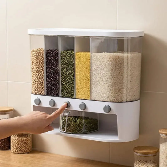Dispensador organizador de granos y cereales con 5 compartimentos, dosificador automático, instalación adhesiva y capacidad hasta 8 kg para cocina.