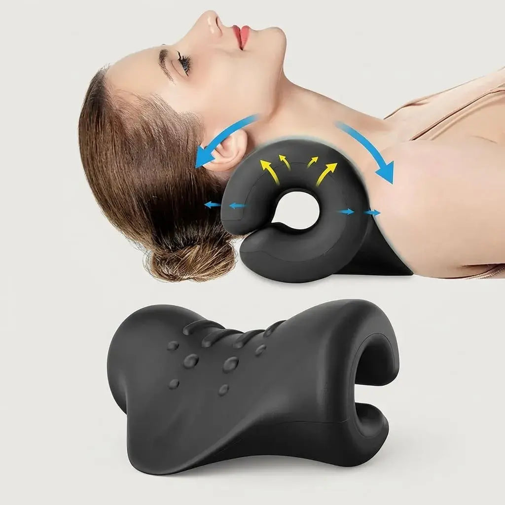 Dispositivo de tracción cervical en espuma de alta densidad. Diseño ergonómico para apoyar la relajación de cuello y hombros en casa u oficina.