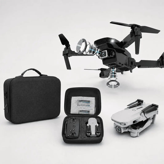 Compra dron con doble cámara 4K, control remoto estable, batería de larga duración y maletín incluido, ideal para grabación aérea profesional.