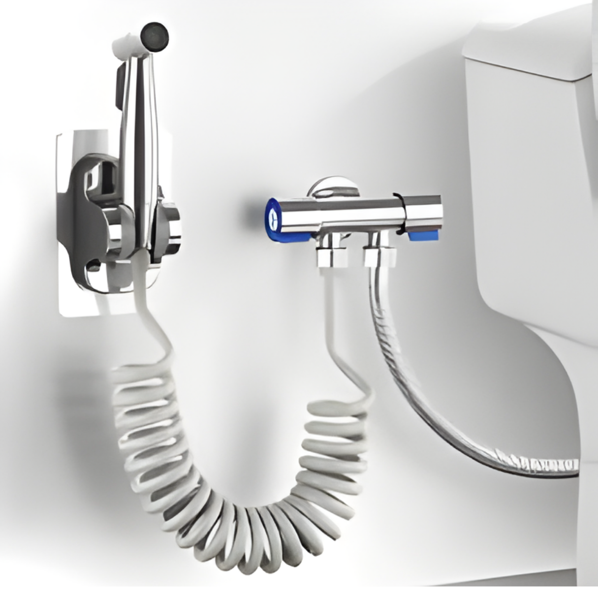 Ducha higiénica para inodoro con manguera flexible y gatillo de control. Fácil de instalar, ideal para limpieza personal y del baño.