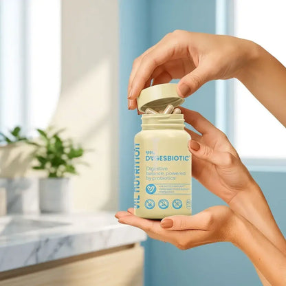 Cápsulas probióticas veganas con fibra y extractos naturales que apoyan la digestión y el tránsito intestinal de forma diaria.