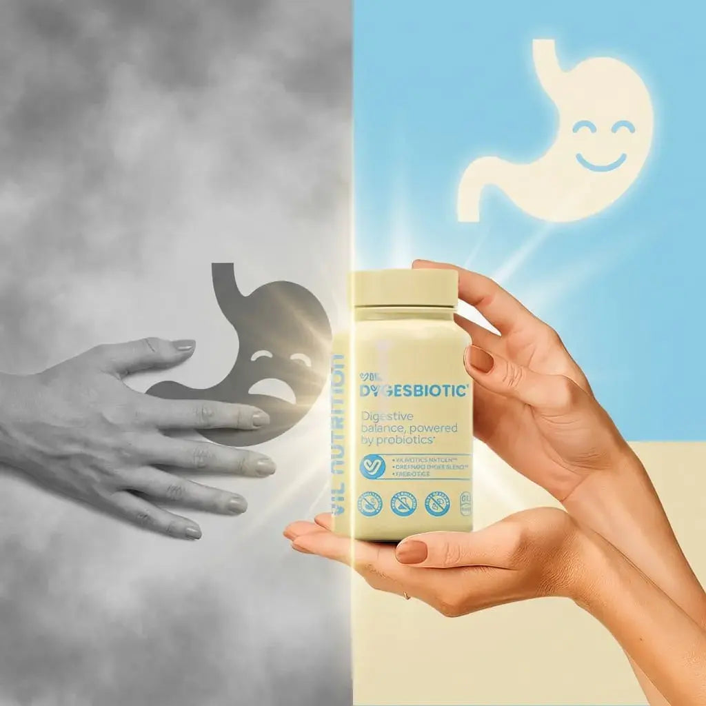Cápsulas probióticas veganas con fibra y extractos naturales que apoyan la digestión y el tránsito intestinal de forma diaria.