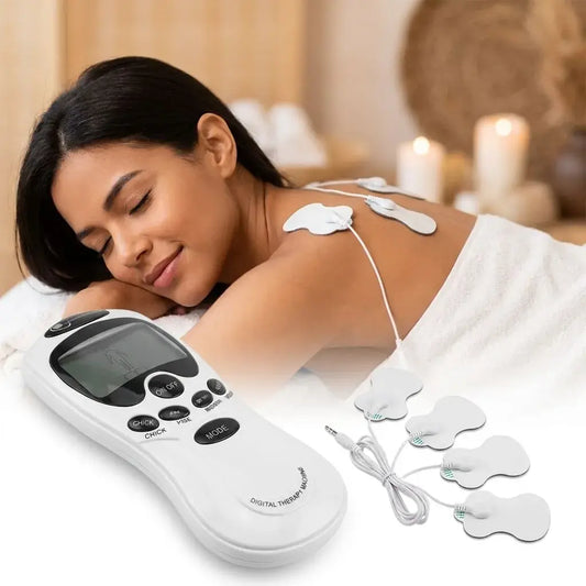 Electroestimulador muscular portátil TENS EMS con electrodos, modos ajustables e intensidad regulable para rutinas de relajación, bienestar y descanso muscular en casa.