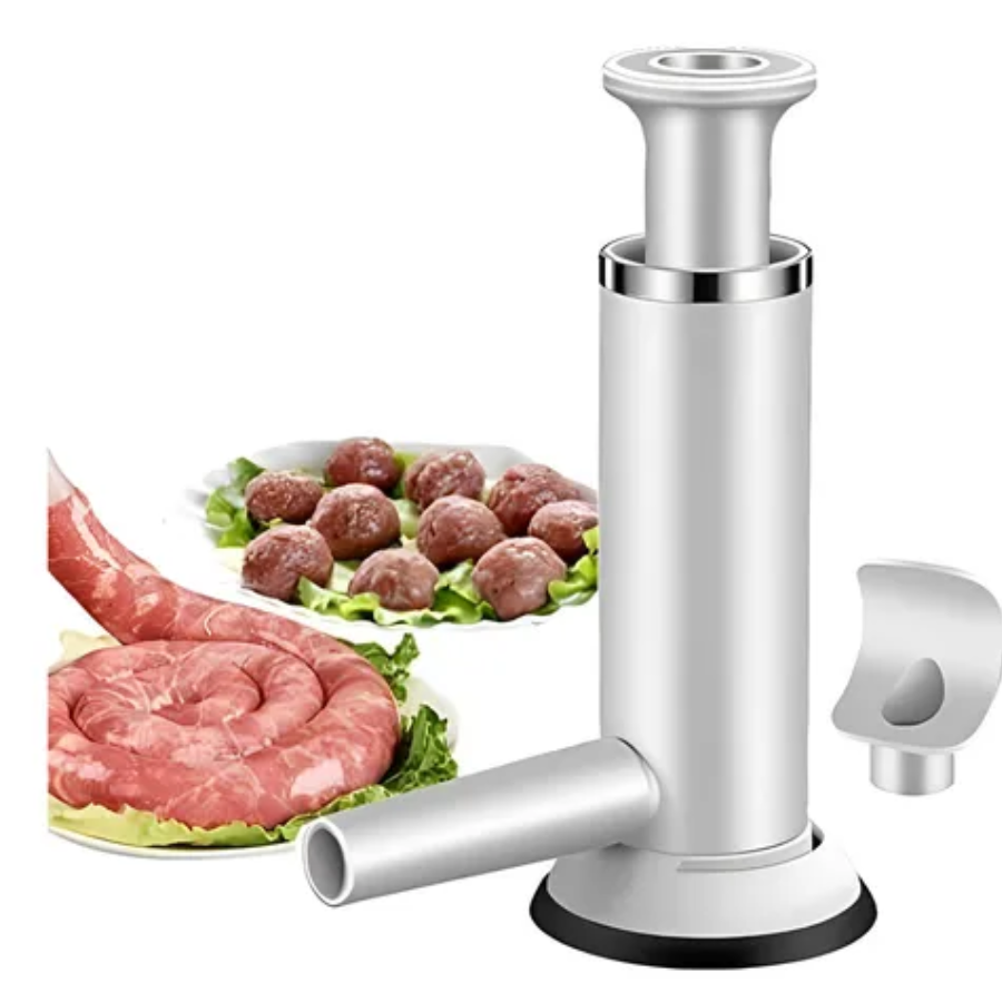 Embutidor manual para salchichas artesanales en polipropileno grado alimenticio, con diseño vertical, émbolo manual y boquillas intercambiables.
