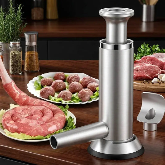 Embutidor manual para salchichas artesanales en polipropileno grado alimenticio, con diseño vertical, émbolo manual y boquillas intercambiables.