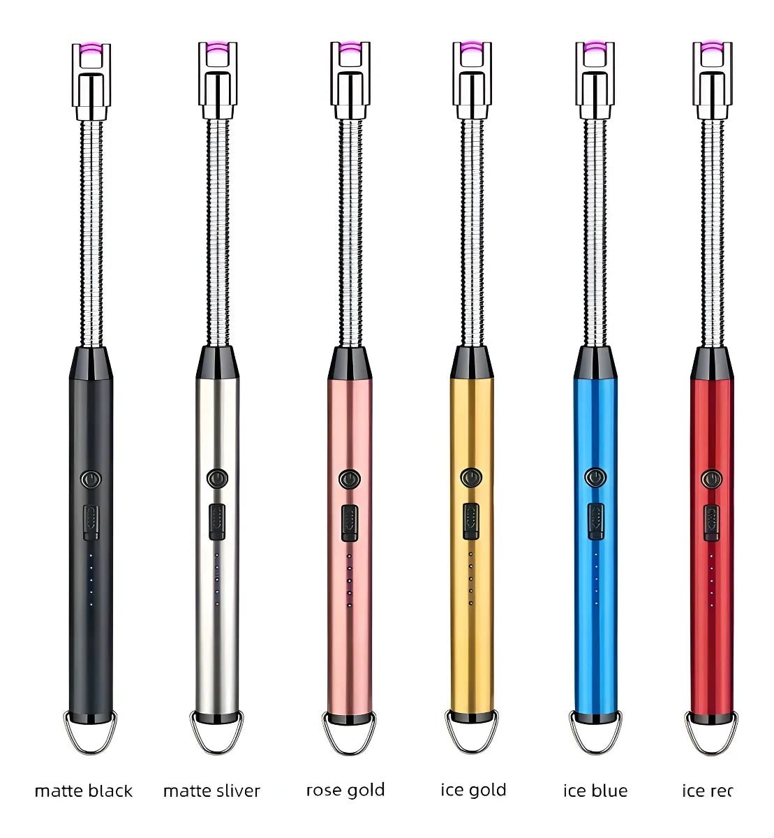 Encendedor eléctrico recargable USB Tipo C con arco de plasma sin llama, diseño resistente al viento, indicador LED, interruptor de seguridad y estructura metálica portátil.