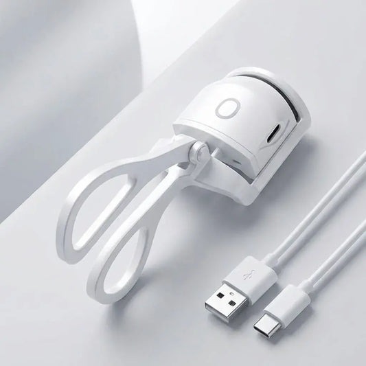 Encrespador eléctrico de pestañas recargable USB tipo C con calentamiento rápido, 2 temperaturas y diseño portátil para maquillaje diario y viajes.