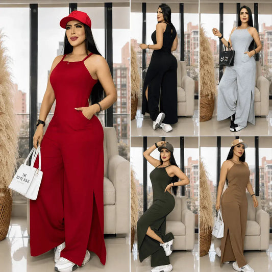 Compra enterizo para mujer con abertura en algodón licrado, talla única elástica, cómodo y moderno, ideal para un look fresco y elegante.