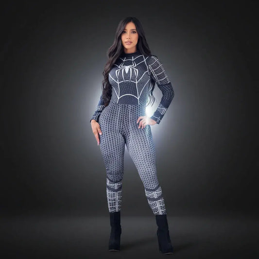 Compra enterizo Spider-Man negro para mujer en tela suplex, manga larga y diseño tipo telaraña. Disponible en tallas S, M y L para Halloween, cosplay y fiestas.
