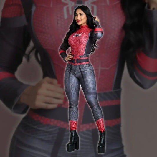 Compra enterizo Spider-Man rojo para mujer en tela suplex, manga larga y diseño de telaraña. Disponible en tallas S, M y L para Halloween, cosplay y fiestas.